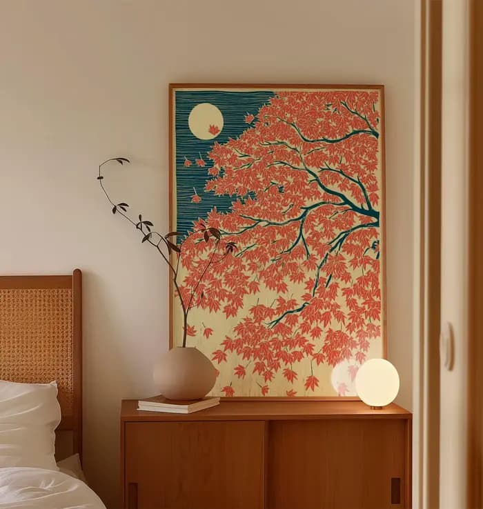 Affiche d'automne en érable japonais, art mural rouge et bleu, illustration de paysage au clair de lune, impression élégante, décoration naturelle pour la maison, art vintage japonais