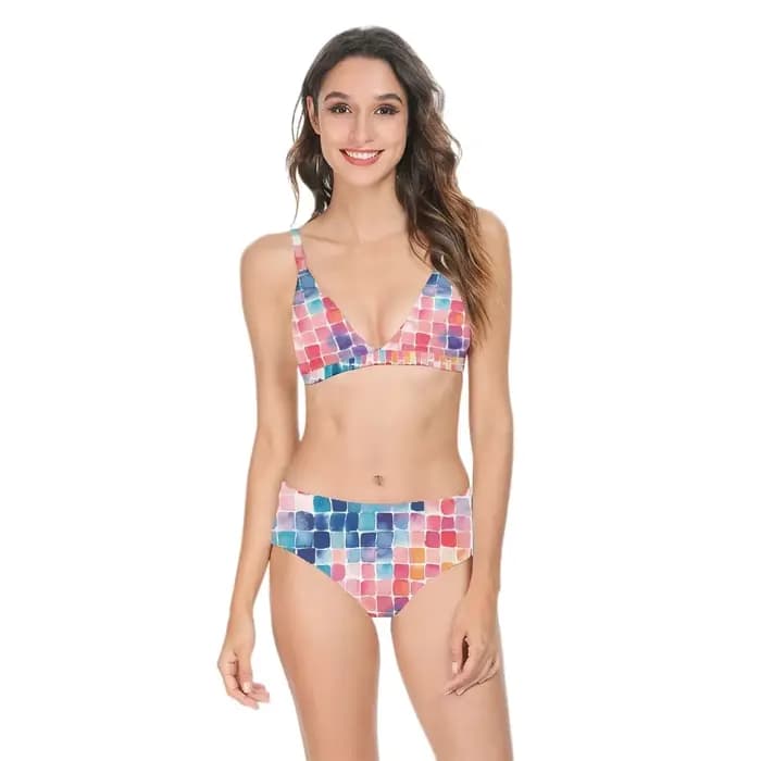 Femmes Sexy Bikini maillot de bain taille haute imprimé géométrique décontracté à la mode dos nu maillots