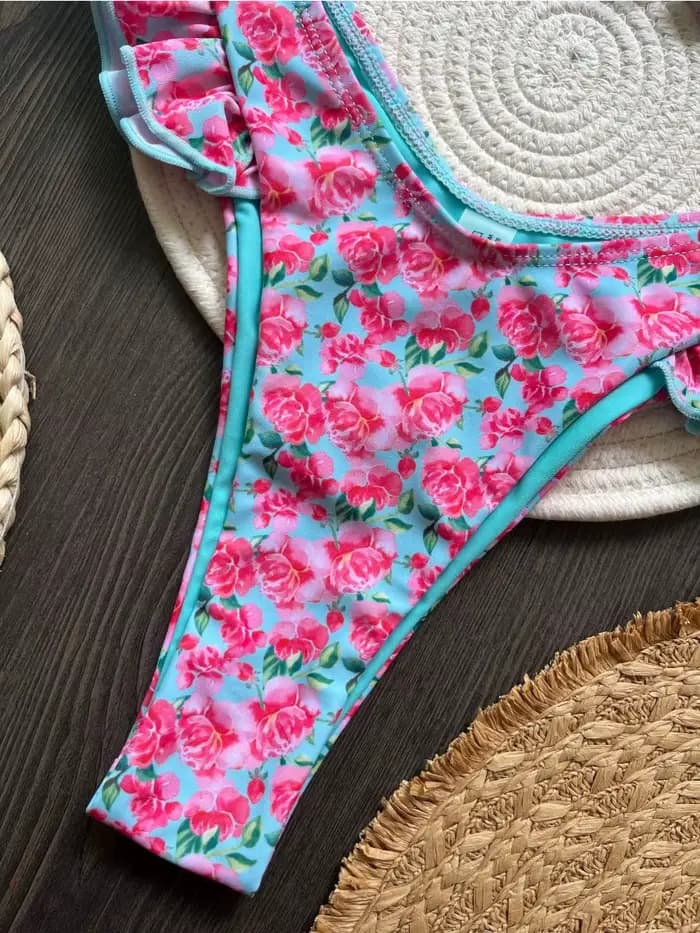 Maillot de bain 2 pièces imprimé fleuri à volants