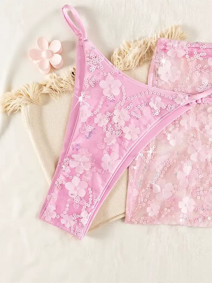 Ensemble bikini 3 pièces rose pailleté en maille brillante pour femme