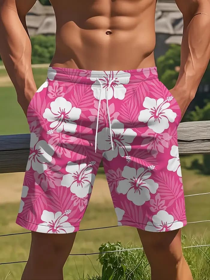 Shorts de vacances hawaïens pour hommes, shorts de plage avec rayures dégradées bleu-vert néon et imprimé floral, doux et respirants
