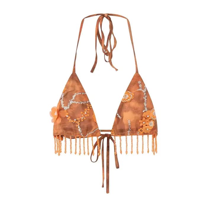 Bohème deux pièces ensemble Bikini pour femmes perle frange florale brodée Sexy col en V profond vacances à lacets jupe