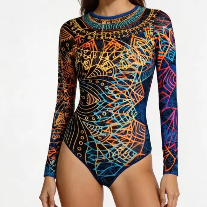 Nouveau maillot de bain une pièce pour femme, imprimé, élégant et sexy, à manches longues, avec couvre-poitrine, protection solaire, en tissu maillé