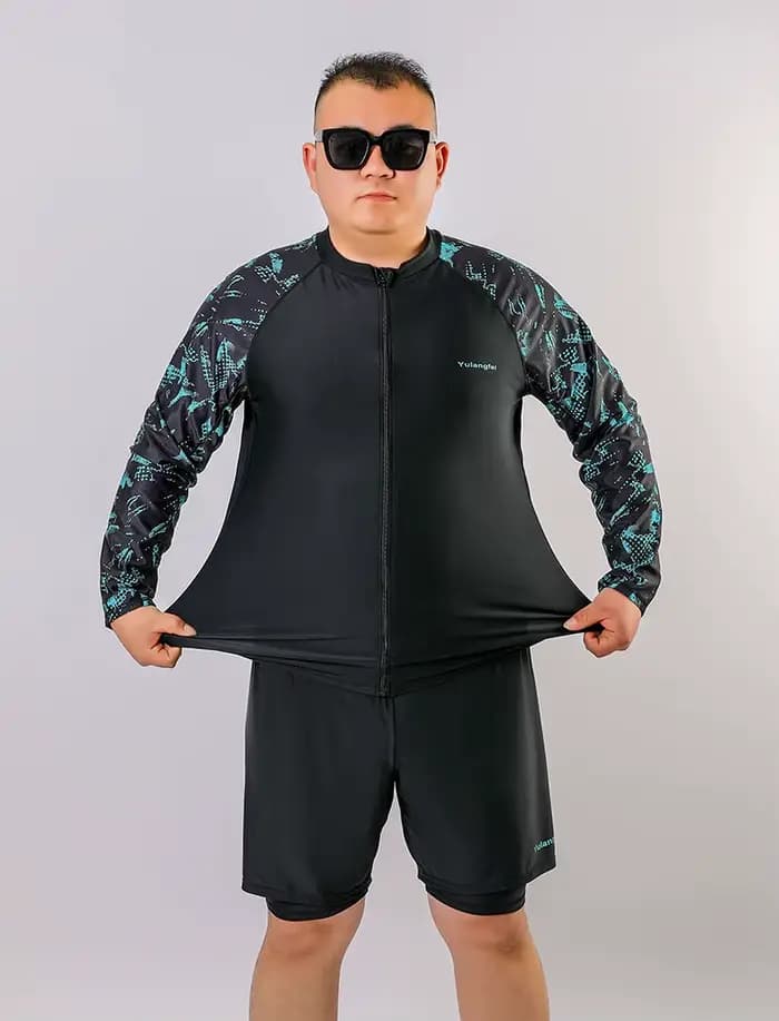 Maillot de bain 2 pièces pour hommes, grande taille, manches longues, avec faux deux shorts, bon élastique, vêtements de plage, d'été