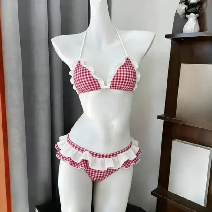 Ensemble de bikini imprimé à col halter pour femme, maillot de bain deux pièces à volants, style japonais Kawaii, pour les vacances d'été à la plage