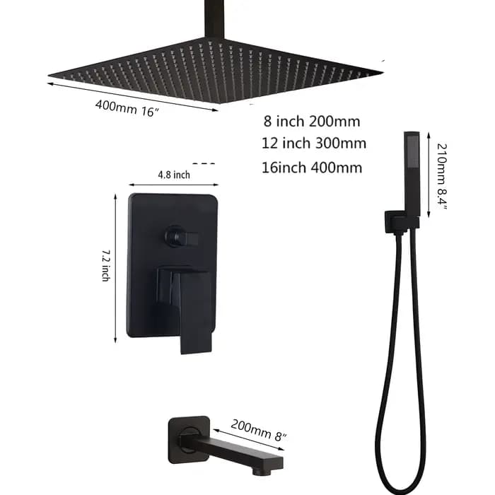 EllMAIDI-Système de douche à effet pluie avec bec de baignoire, ensemble de douche à 3 voies, pommeau de douche à effet pluie canonique, noir, HO2