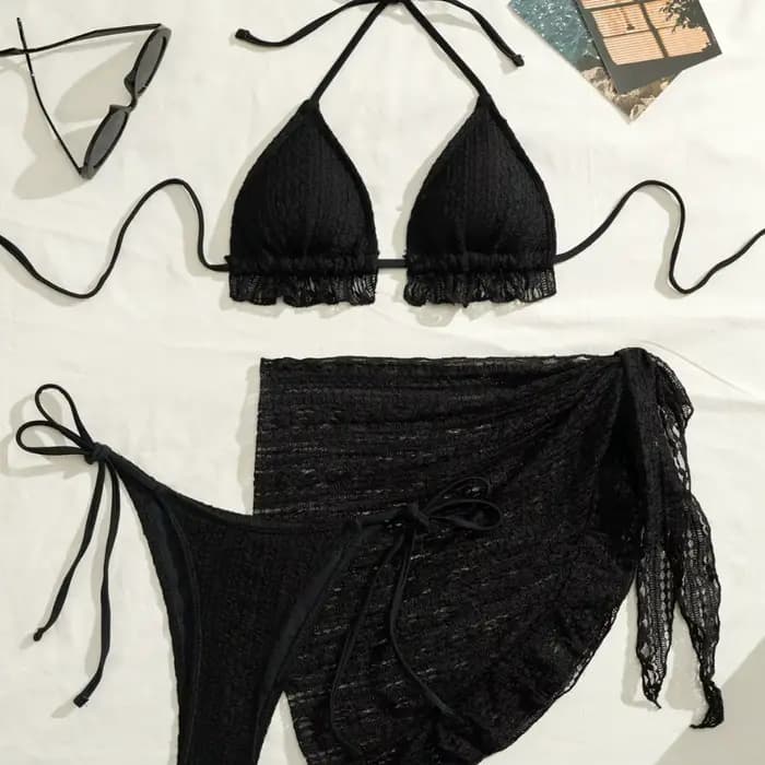 2025 femmes Sexy licou Bikini 3 pièces ensemble solide blanc laiteux maillot de bain avec maille couverture Ups plage