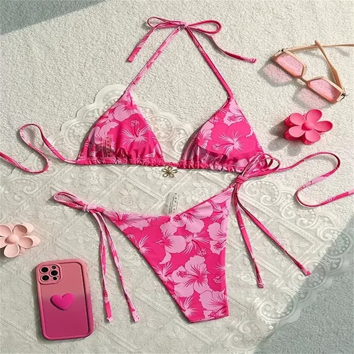 Fleur pendentif Bikinis ensembles rose imprimé fleuri maillot de bain Push Up Triangle String dos nu maillot de bain Bikini femmes plage maillot de bain