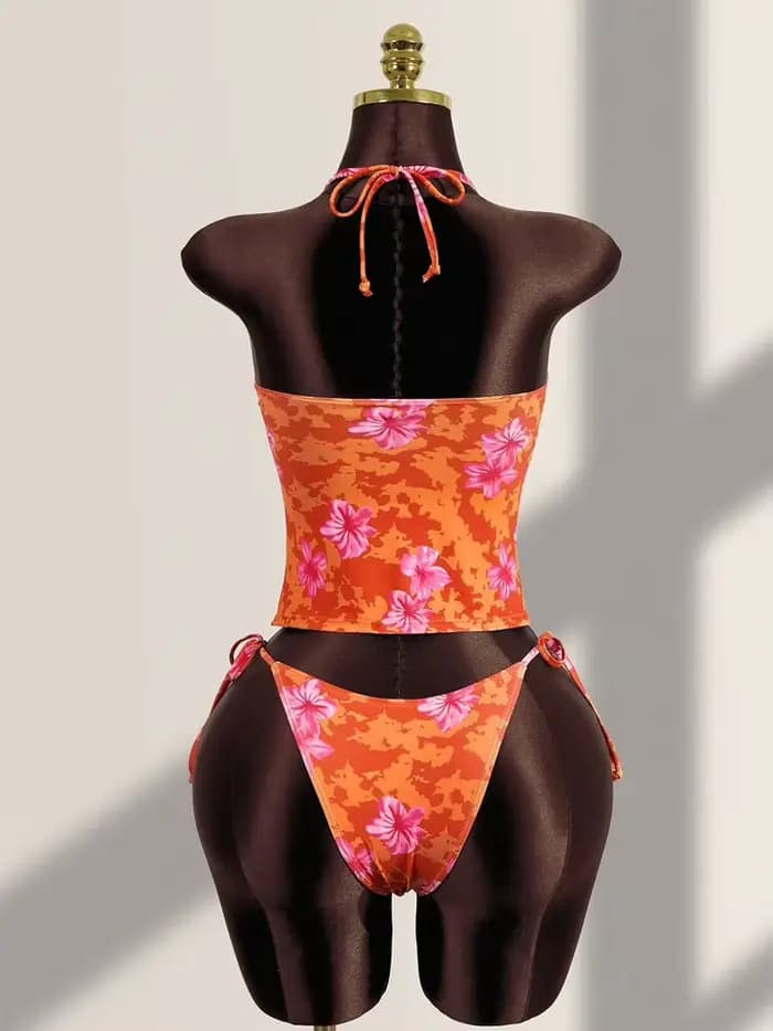 Été Orange Floral Imprimé Tankini Ensemble pour les Femmes