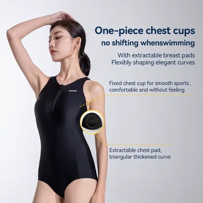 COPOZZ nouvelle femme une pièce maillot de bain solide noir plage sans manches col en V été