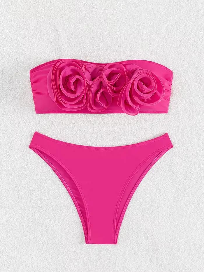 Maillot de bain 2 pièces rose vif, sexy, imprimé floral 3D, push-up, culotte taille haute, pour femmes, vêtements de plage, 2025