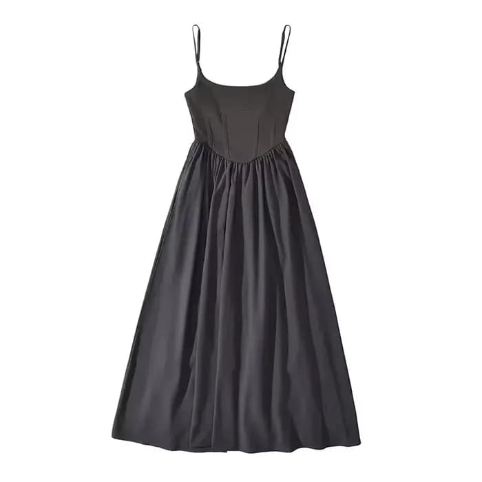 Robe midi rétro Hepburn à col en U en jersey, avec empiècements plissés et froncés, style corset taille basse, longue robe à bretelles pour femme, idéale pour les vacances