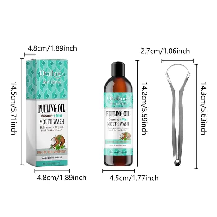 Huile de bain de bouche Coco Menthe pour l'huile pulling, haleine fraîche, éclaircissant, sans alcool, gratte-langue, nettoyage en profondeur, soin des gencives 100ml
