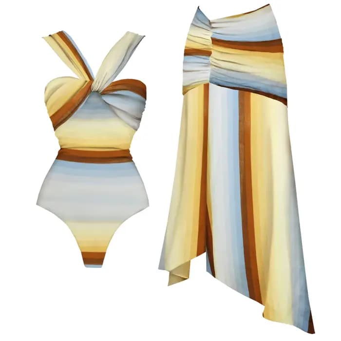 2 pièces maillot de bain rayé avec jupe longue Sexy femmes Bikini