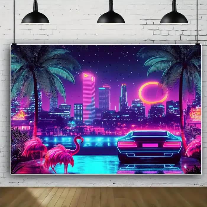 Une pièce, fond de thème tropical disco d'été rétro néon Miami années 80
