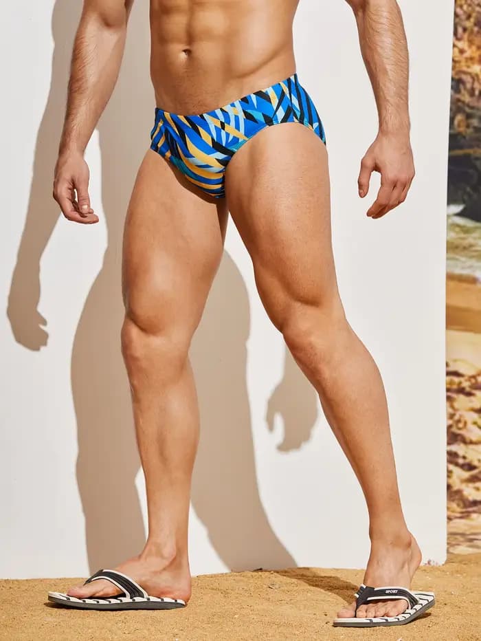 Short de bain sportif pour hommes, coupe triangle, imprimé à motifs géométriques, séchage rapide, adapté aux piscines et aux plages