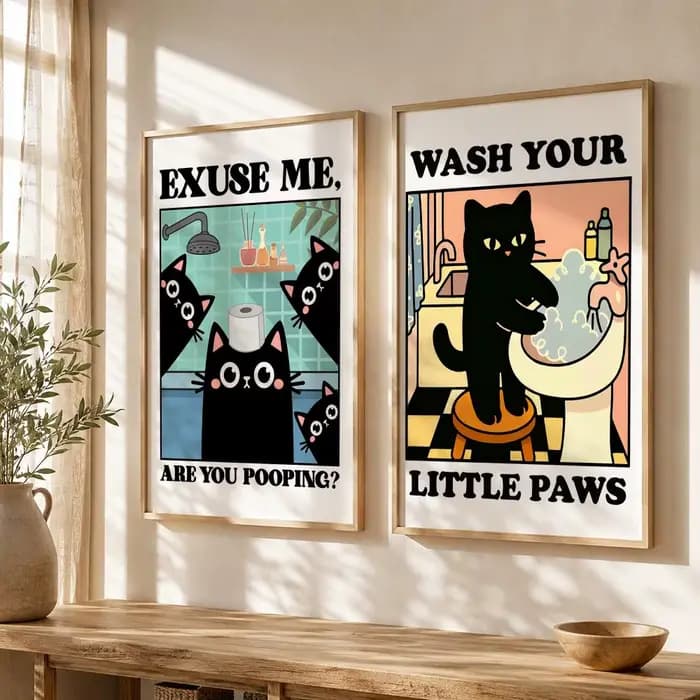 Affiche drôle de chat noir pour salle de bain, autocollant mural auto-adhésif HD imperméable et assorti à toutes les décorations, pour la maison et la chambre à coucher