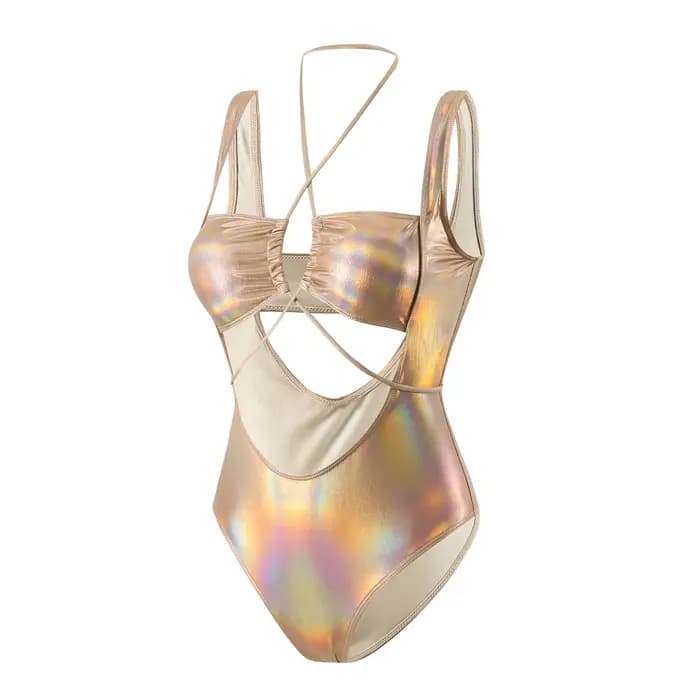 Maillot de bain une pièce sexy à paillettes métalliques, style halter, échancré, à nouer, pour femme, type bikini, body, tankini