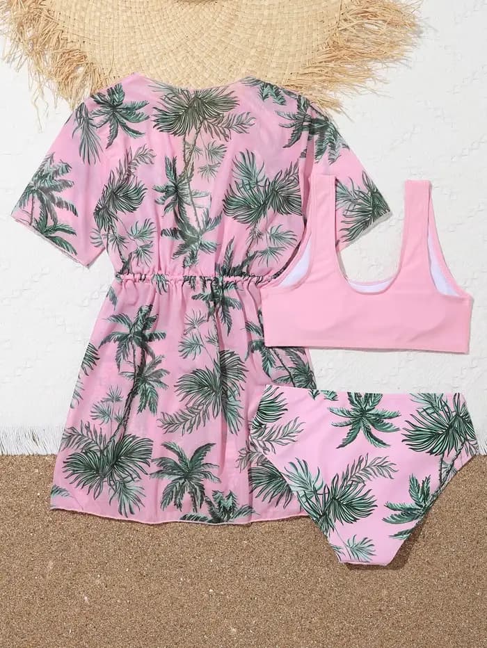 Ensemble 3 pièces maillot de bain imprimé tropical 2026 pour filles avec kimono, tenue de bain pour enfants, maillot de bain féminin, vêtements de plage