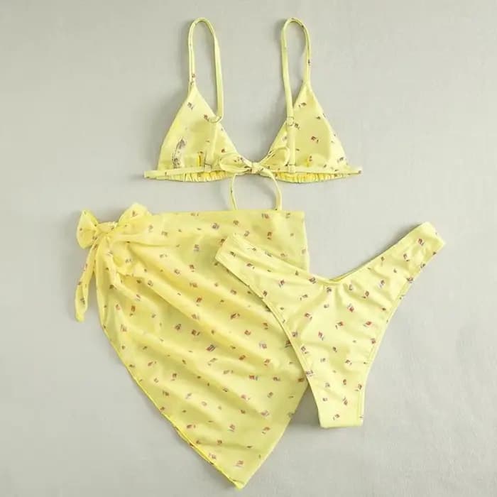 2025 vêtements de plage Bikinis jaune maillot de bain imprimé fleuri maille Cove Ups 3 pièces Bikini ensemble Damen Sexy maillot de bain femmes vêtements de natation