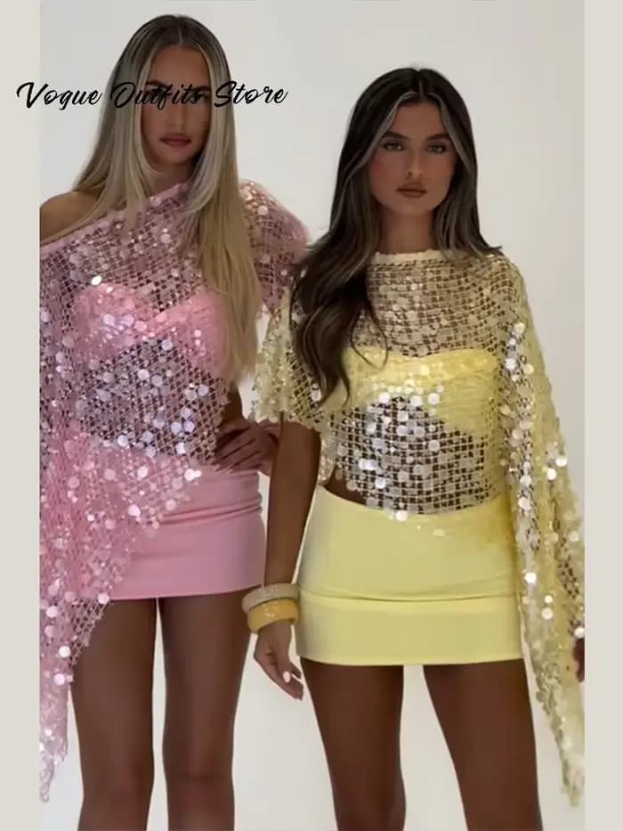 Ensemble 3 pièces Y2K à sequins : Cache-maillot
