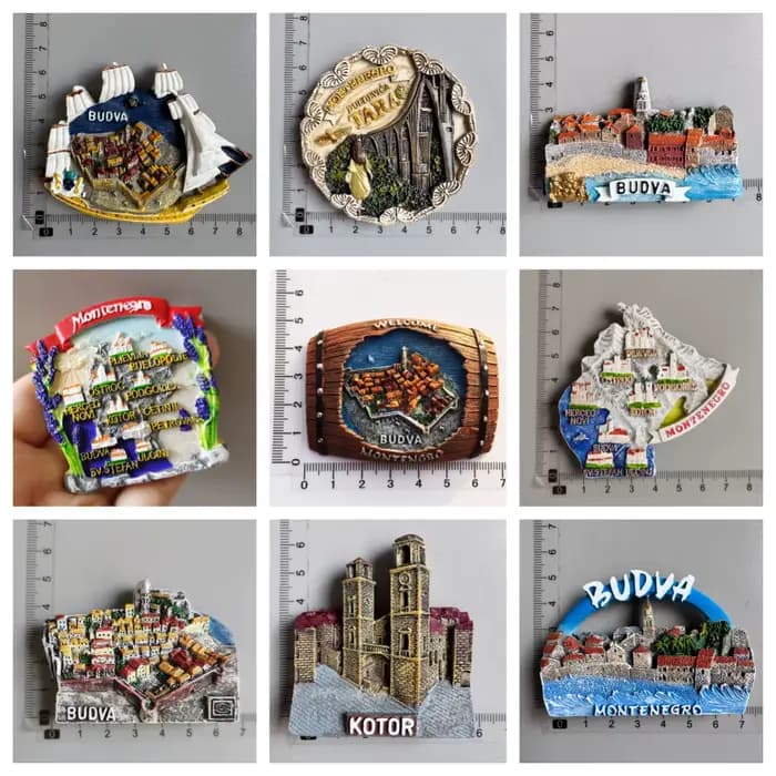 Aimant de réfrigérateur souvenirs de voyage Montenegro : Budva, Kotor, Tara, Bateau à voile, Carte de la ville côtière, Monument, Décoration