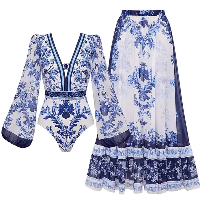 Flaxmaker Vintage imprimé maillot de bain femmes à manches longues fleur couleur bloc imprimé une pièce maillot de bain jupe pantalon dames maillot de bain