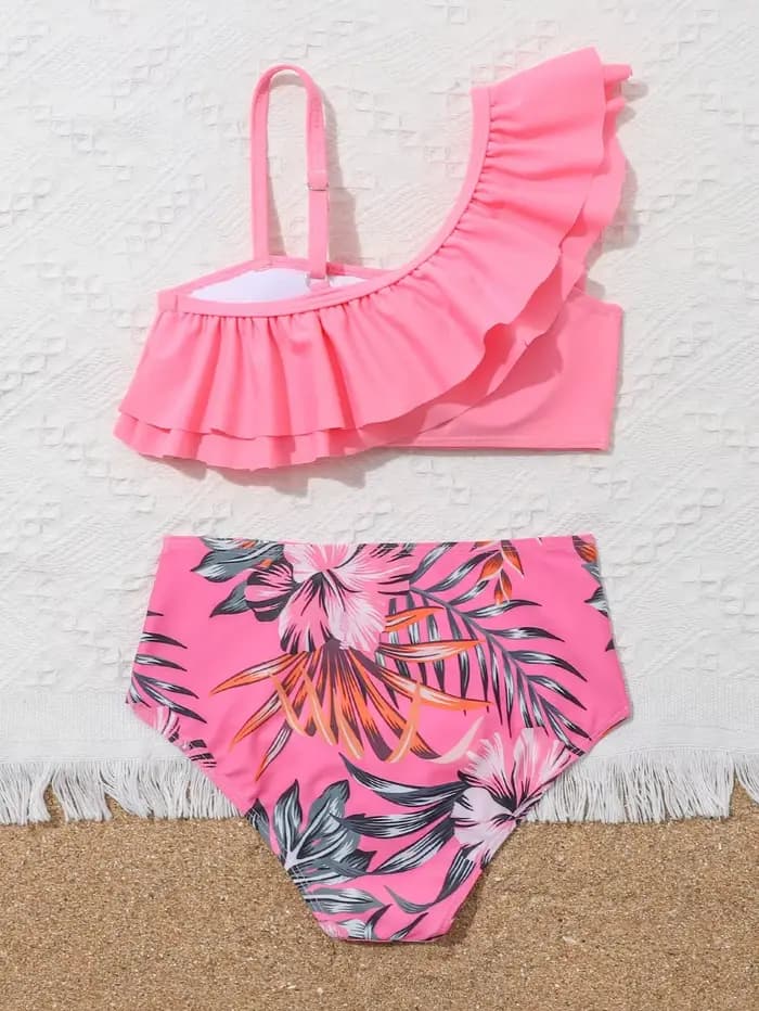 Maillot de bain imprimé floral pour filles, taille haute, bikini, ensemble deux pièces, pour la plage, pour enfants de 7 à 12 ans