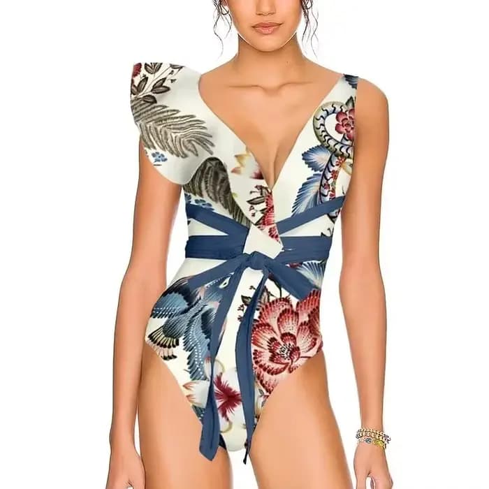 Bikini femme imprimé à volants maillot de bain une épaule Slash boutonnage