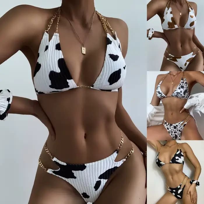 Maillot de bain deux pièces imprimé vache, tendance, avec détail de chaîne, dos ouvert, vêtements de natation, Lingerie de plage Sexy, été