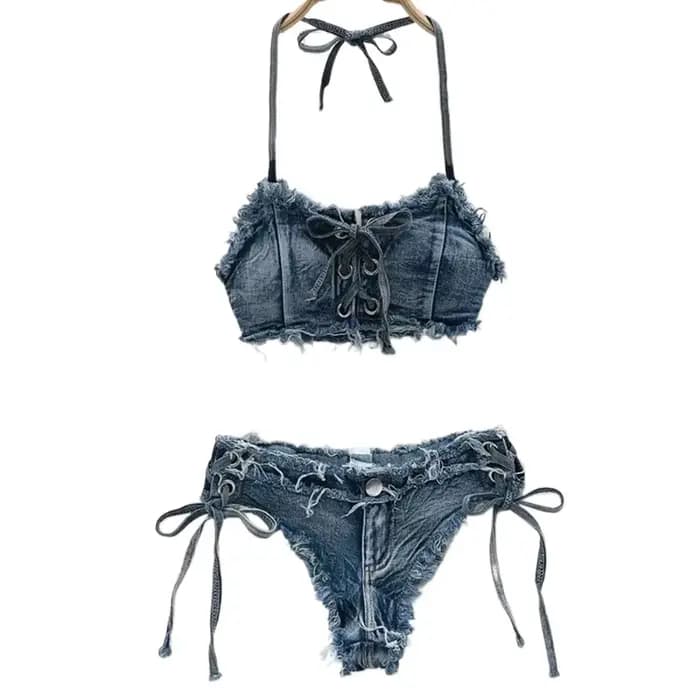 Maillot de bain femme sexy en jean, ensemble bikini à lacets et cordon de serrage, tenue de plage 2025, maillot de bain deux pièces vintage uni pour l'été