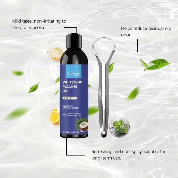 Bain de bouche à l'huile de coco et à la menthe poivrée pour un nettoyage en profondeur des dents et des gencives, haleine fraîche avec gratte-langue