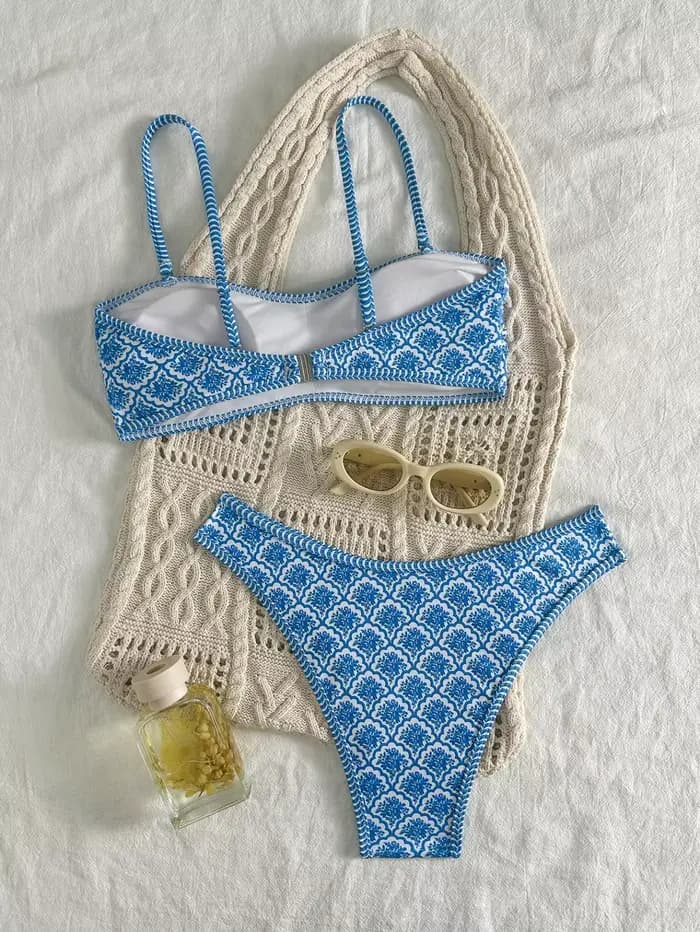 Bikini Bandeau Sexy 2026 Femme Vert Floral Plissé Push-Up Rembourré String Maillot de Bain Été Deux Pièces Biquini