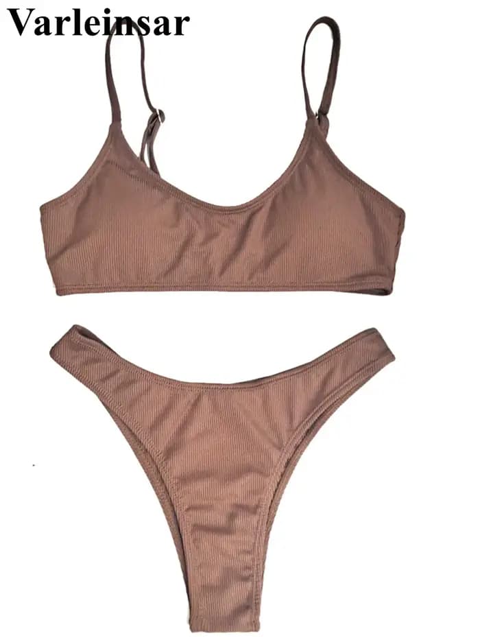 Maillot de bain bikini côtelé à coupe haute pour femme