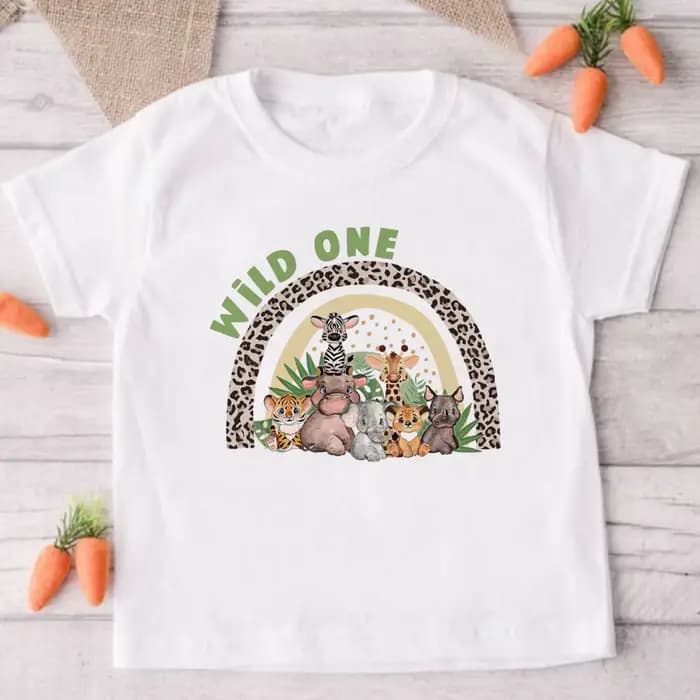 Chemise d'anniversaire pour enfants, imprimé d'animaux Wild One Safari, T-Shirt pour garçons et filles, tenues de fête d'anniversaire sauvage, vêtements à manches courtes pour tout-petits