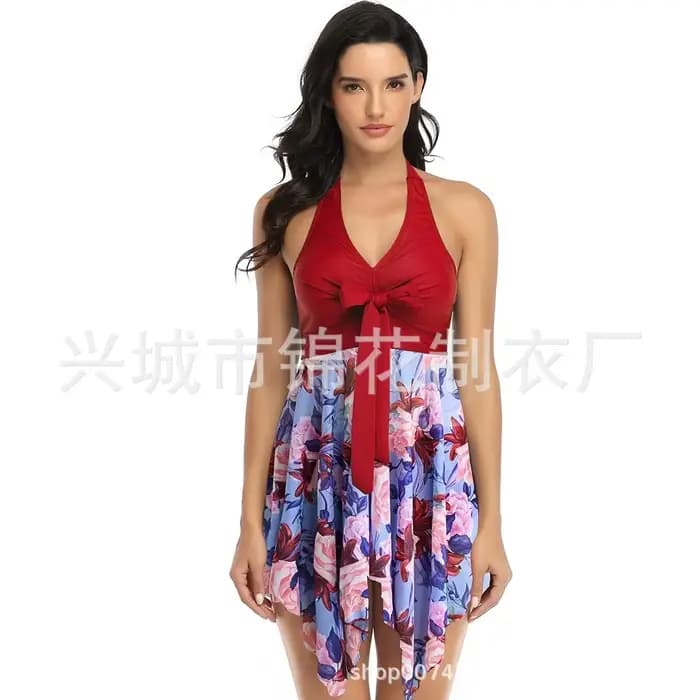 Maillot de bain d'été imprimé pour femme, deux pièces, avec soutien-gorge rembourré asymétrique, style robe de bain, short de plage et dos nu