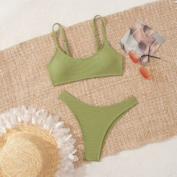 Maillot de bain bikini côtelé uni pour femme