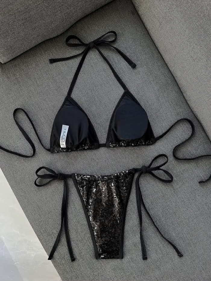 Micro bikini noir et rose à paillettes brillantes 2026 pour femme