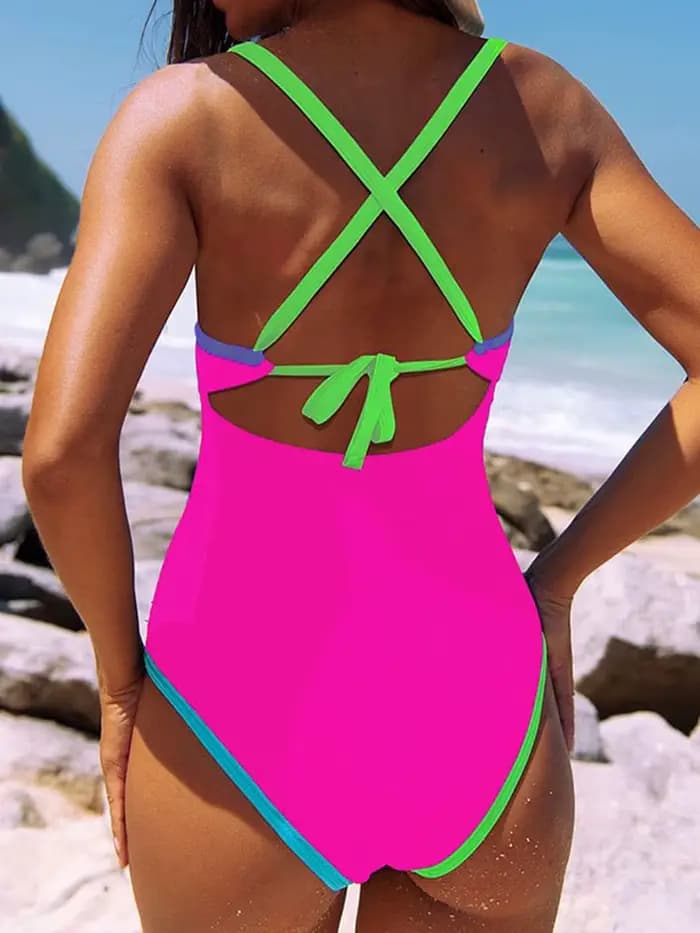 Maillot de bain une pièce uni à bretelles et dos nu croisé pour femme 2026, coupe ajustée, tenue de plage