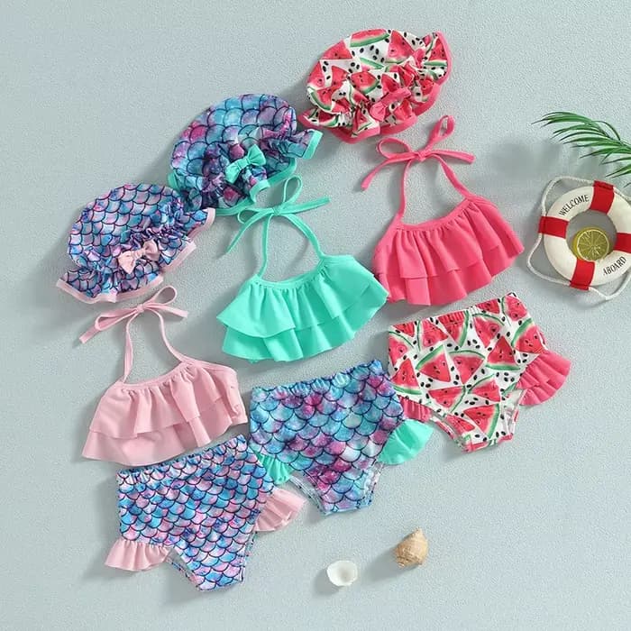 Maillot de bain Bikini pour petites filles, sans manches, col licou, à volants, haut court, gilet, short, costume de bain pour nourrissons avec chapeau