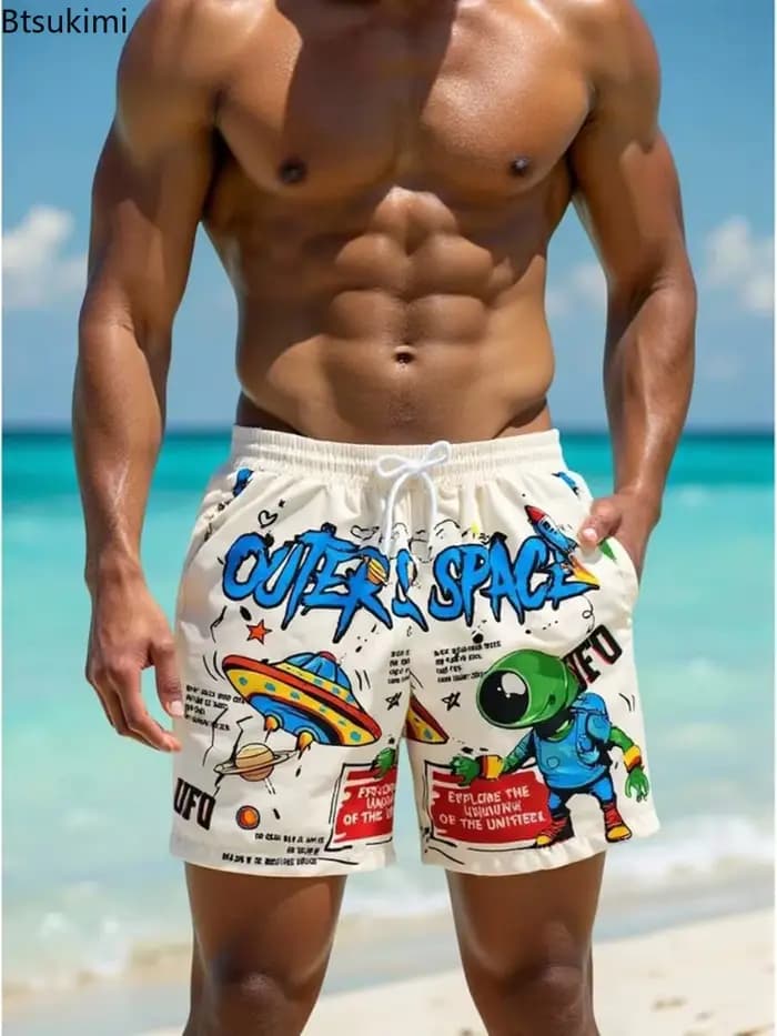 Nouveauté 2026 Shorts de plage décontractés pour hommes, coupe droite ample avec cordon de serrage, imprimés tendance