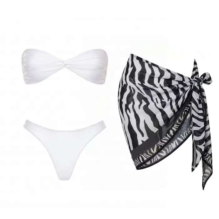 Ensemble bikini 3 pièces bandeau 2026 – Nouveau maillot de bain sexy pour femme avec paréo imprimé – Tenue de plage féminine