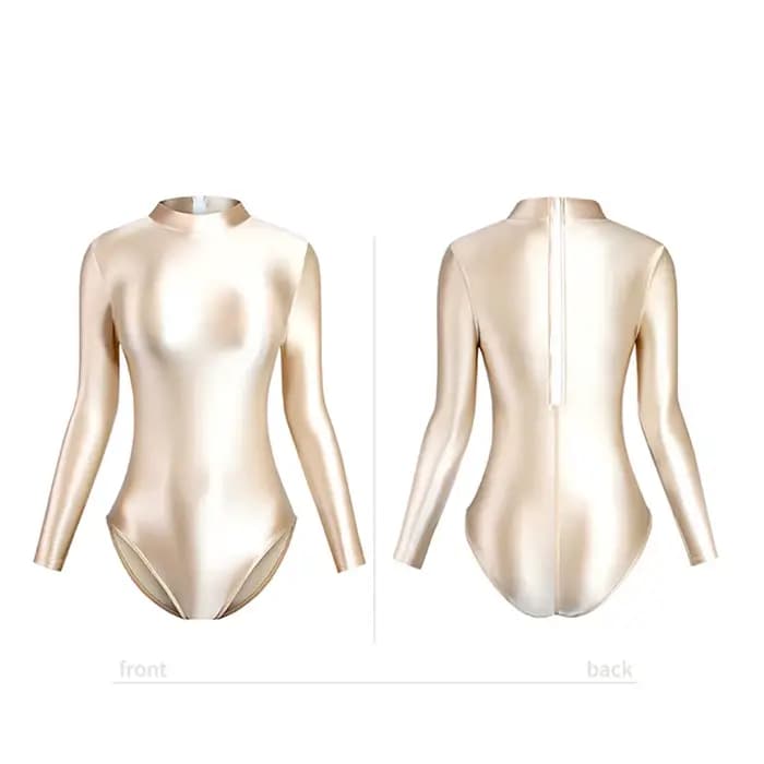 MJINM femmes soyeux brillant col haut dos fermeture éclair maillots de bain à manches longues une pièce