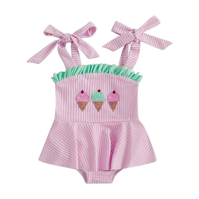 Citgeett été infantile bébé fille maillot de bain crème glacée broderie rayé à volants garniture cravate épaule maillots de bain vêtements