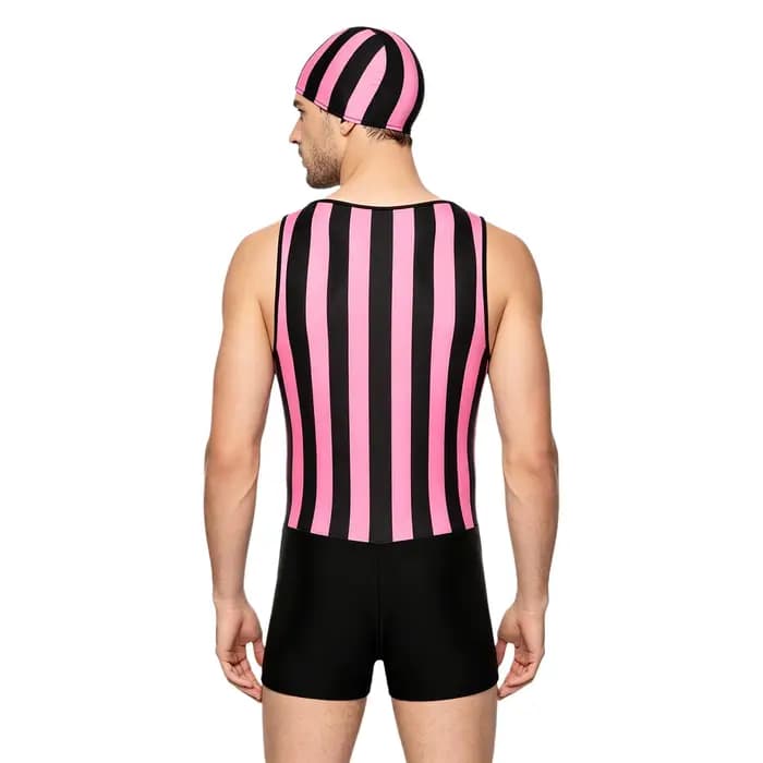 Maillot de bain une pièce pour hommes, avec bonnet de bain, séchage rapide, col bas, sans manches, rayé, pour la plage et la natation