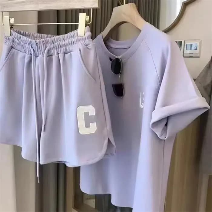 Ensemble décontracté d'été pour femme, style coréen, avec short et haut à manches courtes, broderie lettre C, idéal pour la maison et la mode.