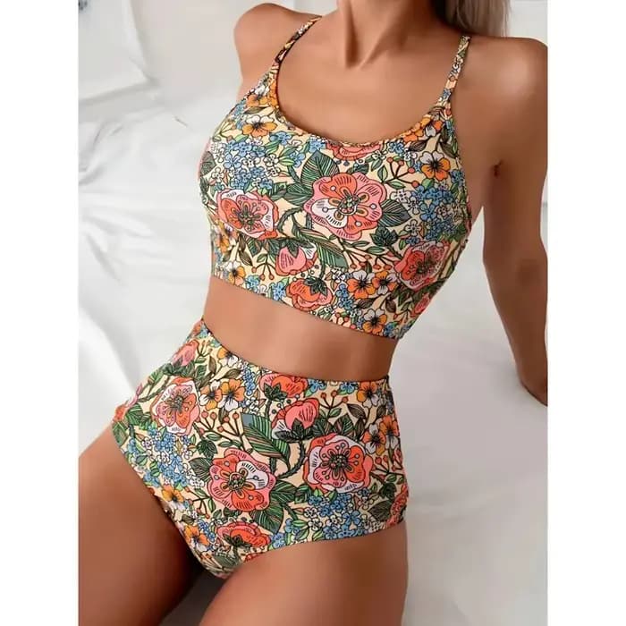 Ensemble bikini sexy pour femme, maillot de bain deux pièces à imprimé floral, taille haute, tenue de plage estivale