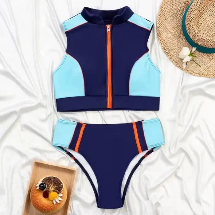 Nouveau maillot de bain deux pièces amincissant taille haute avec fermeture éclair pour les femmes vacances plage
