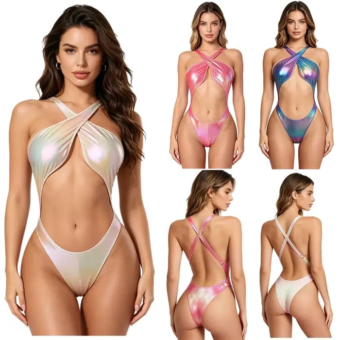 Maillot de bain une pièce métallisé irisé pour femme avec coussinets de poitrine, bretelles croisées et dos nu, idéal pour la plage, la piscine et le soleil.