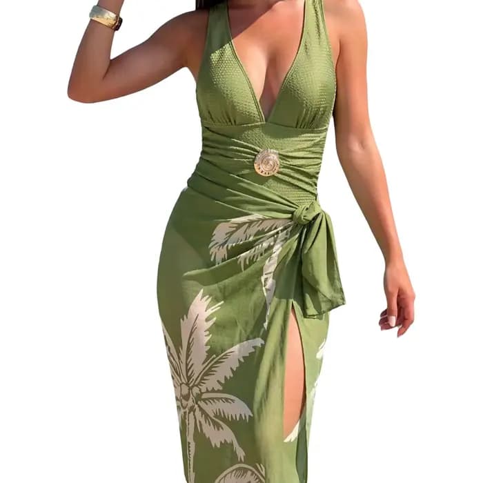 Maillot de bain une pièce pour femme, style conservateur, thème sources chaudes, haute élasticité, sans manches, avec jupe paréo pour la natation et les activités aquatiques